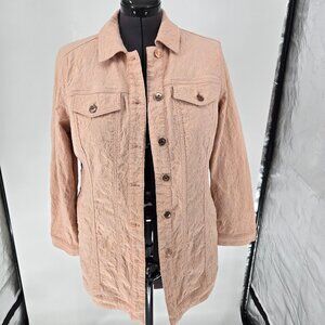 6325-32 Chico’s Textured long buttoned down Jacket Blush pink peach Size 2 (12)